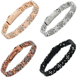 Best Selling Magnetic Stone Bracelet for Women Fashionable Light Luxury Four Leaf Clover Alloy Diamond Studded Single Row Magnetic Jewelry Bangle in Rose Gold Silver Copper and Black