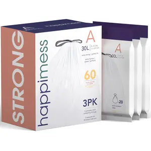 HPM3000A-WHITE 7.9 Gallon Drawstring Trash Bags, Liner, White, 60-Count, 3-Packs of 20 Liners