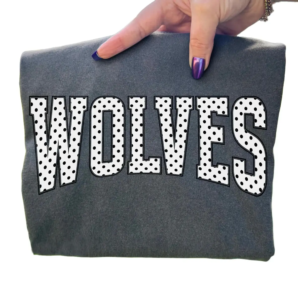 Wolves Polka Dot Varsity Sweatshirt Gildan Dark Heather Grey Crewneck Mascot School Spirit Team Graphic Lettering Game Day Sweater Top