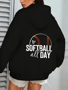 Women's Softball Hoodie Sweatshirt, Fitted Casual Style, Fall & Winter Daily Wear, Elegant Streetwear for Light Social Occasions