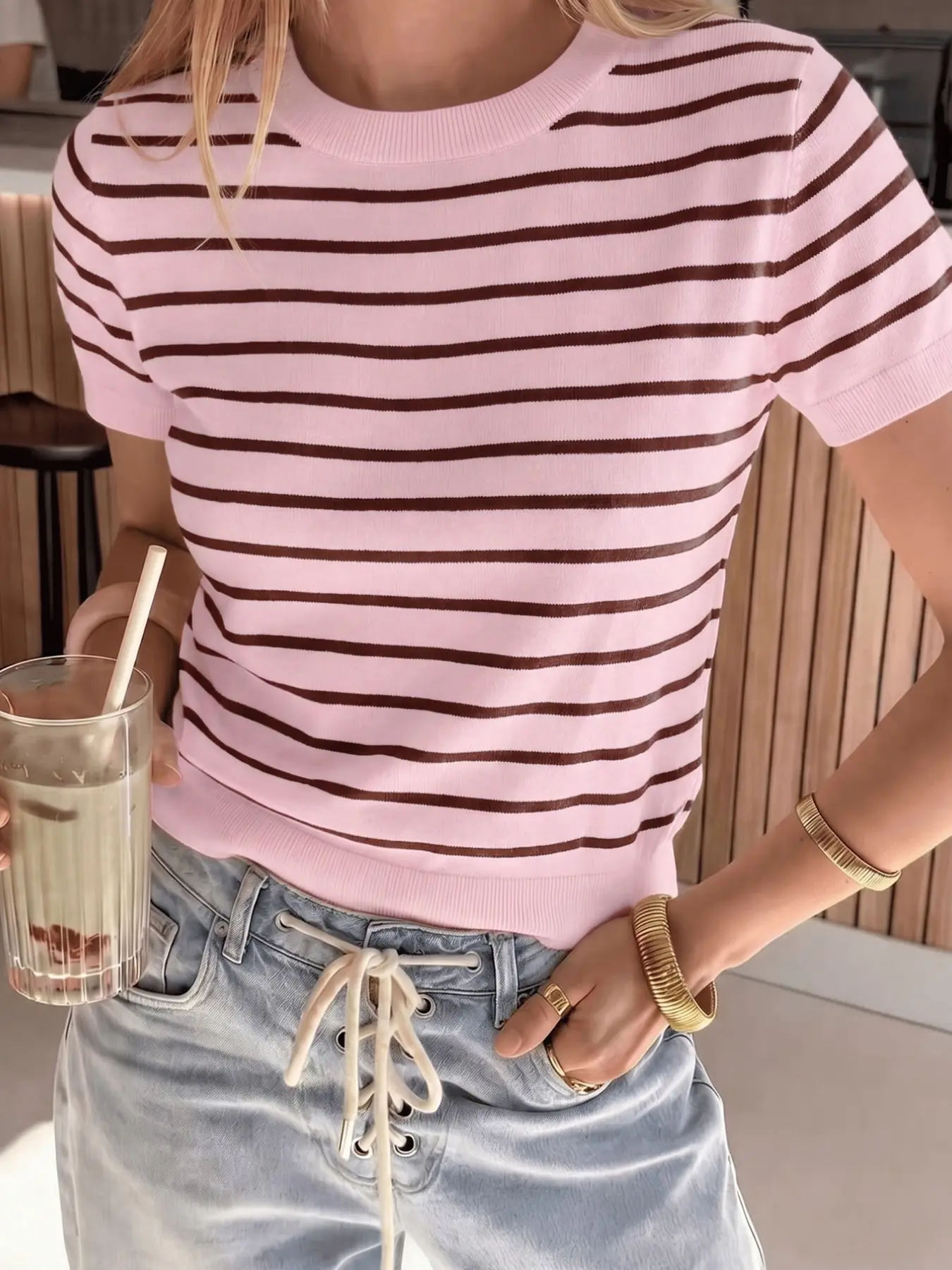 Women's Vintage Casual Chic Striped Knit Short Sleeve Top Crew Neck Slim Fit Summer Sweater Tee