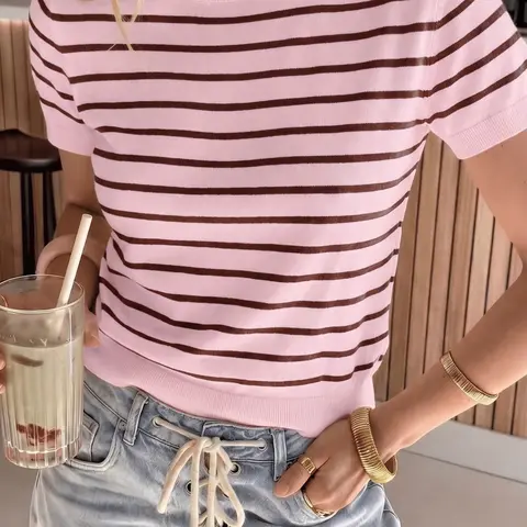 Women's Vintage Casual Chic Striped Knit Short Sleeve Top Crew Neck Slim Fit Summer Sweater Tee