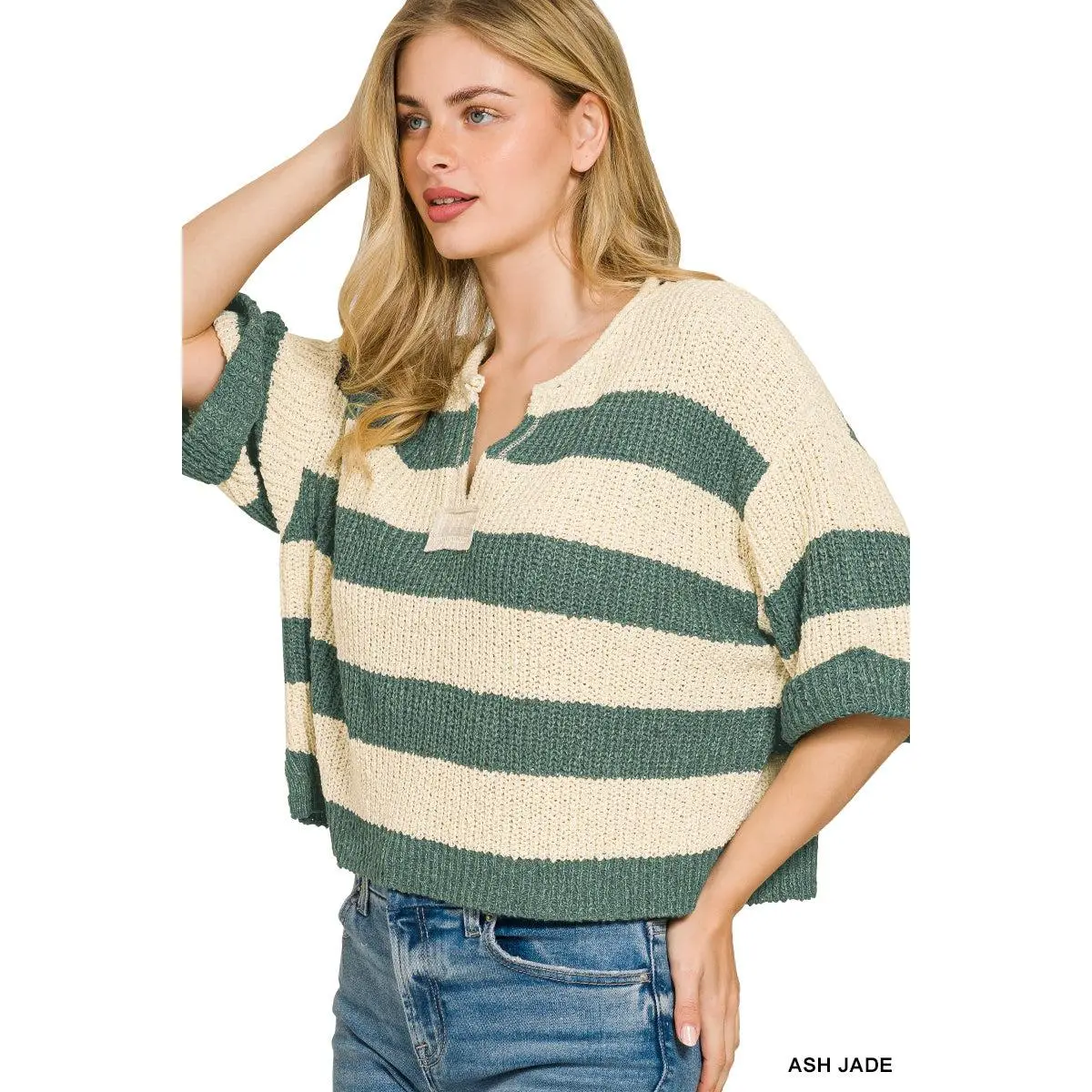 Split Neck Stripe Sweater