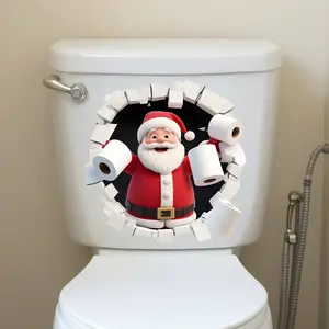 Santa Claus Sticker with Wall Breakthrough Design, Toilet Seat Print, Easy Peel and Stick Christmas Decoration for Bathroom and Bedroom, Bathroom Decorations