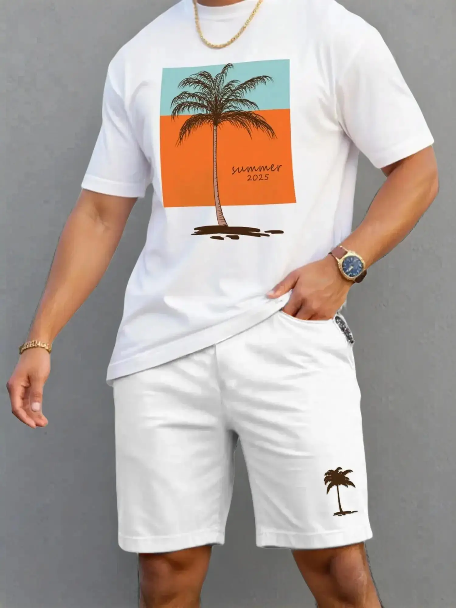 Men's Street Style Short Sleeve T-Shirt & Loose Shorts Set, Soft Casual Summer, Daily Wear Sportswear Combination Tee