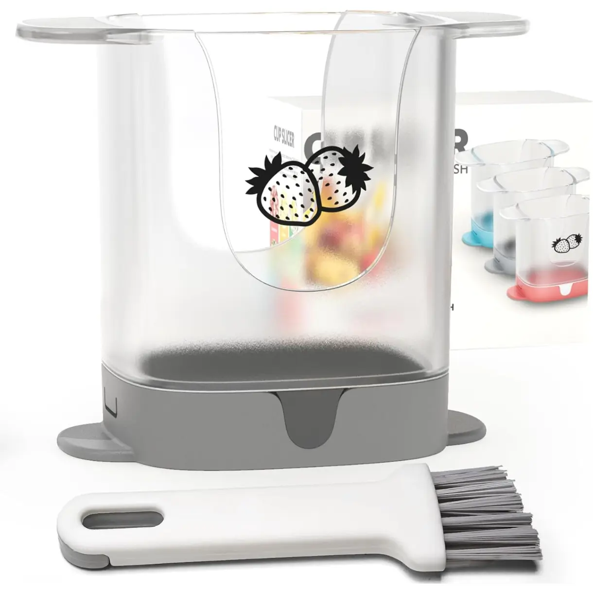 Fruit Slicer, Multifunctional Strawberry Slicer with Cleaning Brush, Cup Slicers for Fruits and Vegetables, Banana Slicer Kitchen Gadget (Gray)