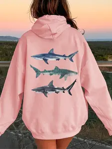 New Casual Shark Print Hoodie, Fall & Winter Large Size Trendy Drawstring Hooded Sweatshirt, Fitted Moderate Fabric, Men's Fashion