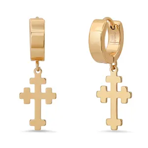 Faithful Style: Stainless Steel Dangle Cross Huggie Earrings (Available in White and Gold)