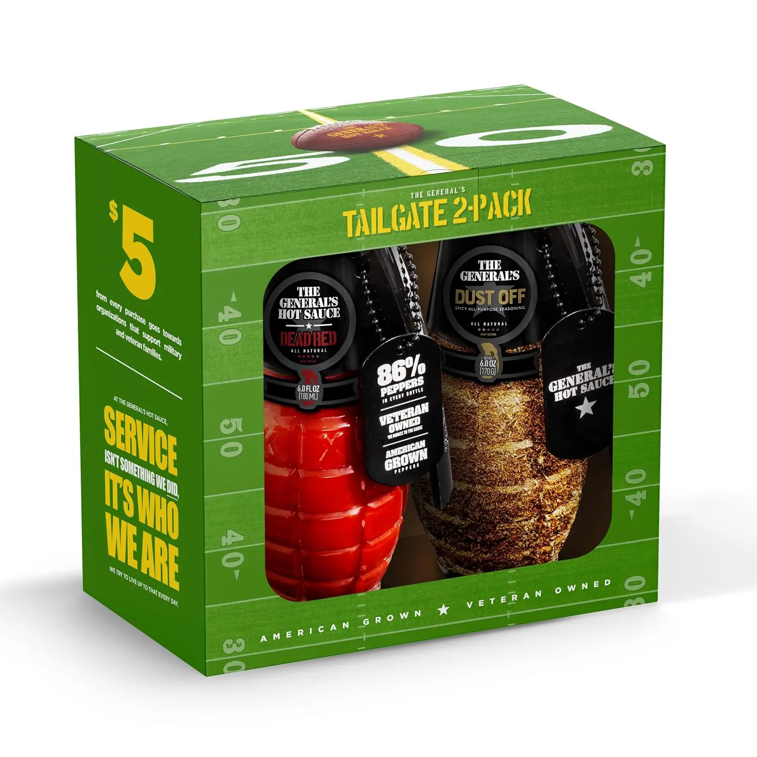 The General's Hot Sauce & Seasoning Tailgate 2-Pack Gift Set | Dust Off 6oz & Dead Red 6oz, 2/5–3/5 Heat, Natural Savory & Spicy Sauce for Wings, Ribs, BBQ, American Grown, Veteran-Owned, Vegan