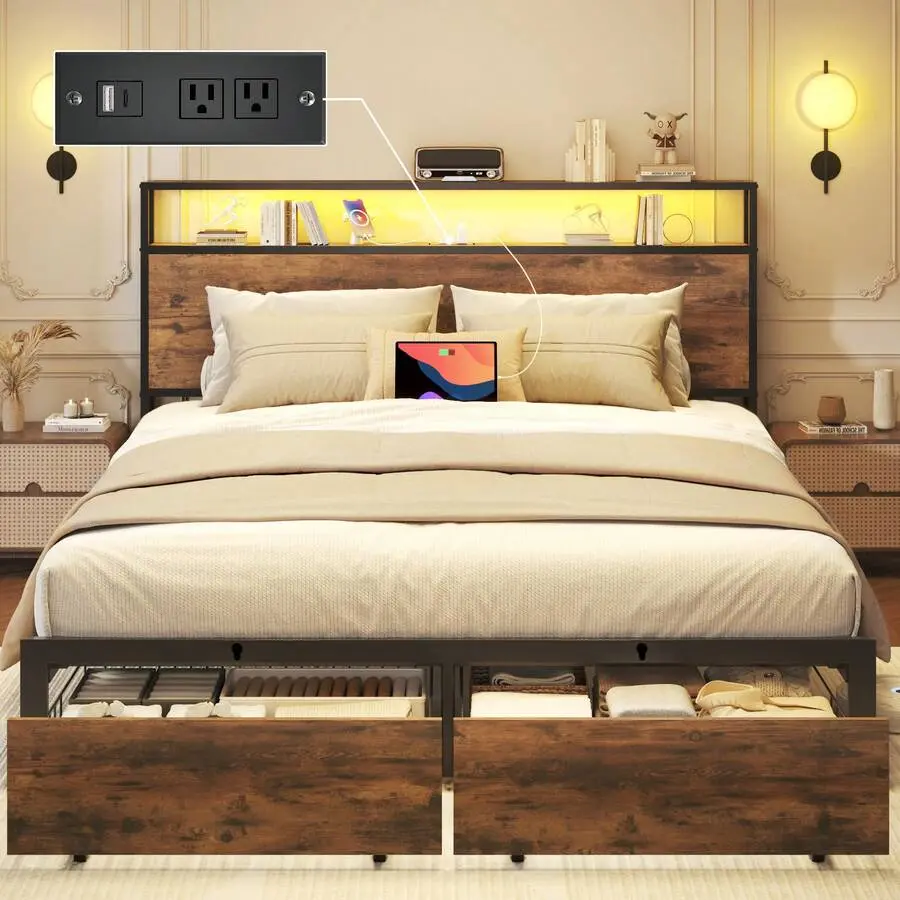 Queen & Full Bed Frame With Storage, 2-Tier Storage Headboard & Built-In Drawers, Metal Platform Bed With USB Charging Station & LED Lights, Noise Free, No Box Spring Needed, Easy Assembly,Retro Brown