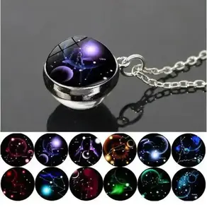 Zodiac Pendant Necklace - Starry Sky Glass Ball with Luminous Constellation Design, Fashionable Zinc Alloy Jewelry for Men  necklace