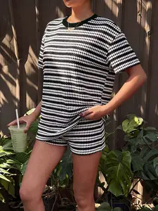 2 Piece Set American Vintage Round Neck Striped Short Sleeve T-Shirt, Summer New Loose Fit Casual Top and High Waist Shorts for Women