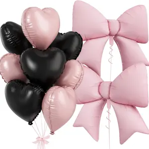 Pink Black Heart Balloons, Baby Pink Bow Balloons, 10Pcs 18 Inch Heart Shaped Balloon and 38 Inch Helium Bow Foil Balloon for Girls Women Birthday Valentines Baby Shower Bridal Wedding Party Decor Balloon Party Supplies