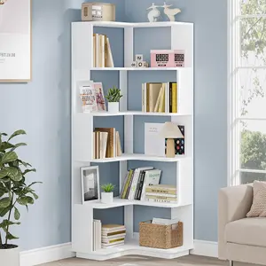 LITTLE TREE 6-Tier Corner Bookshelf, 64.96 Inch Tall Bookcase with Anti-Drop Panel, Modern Freestanding Corner Shelf Display Rack Storage Organizer for Home Office, Living Room