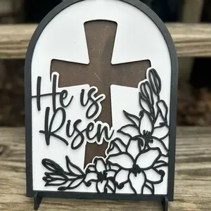 He Is Risen Sign - Christian Decor with Cross and Floral Design, Black and White, Decorative Home Sign