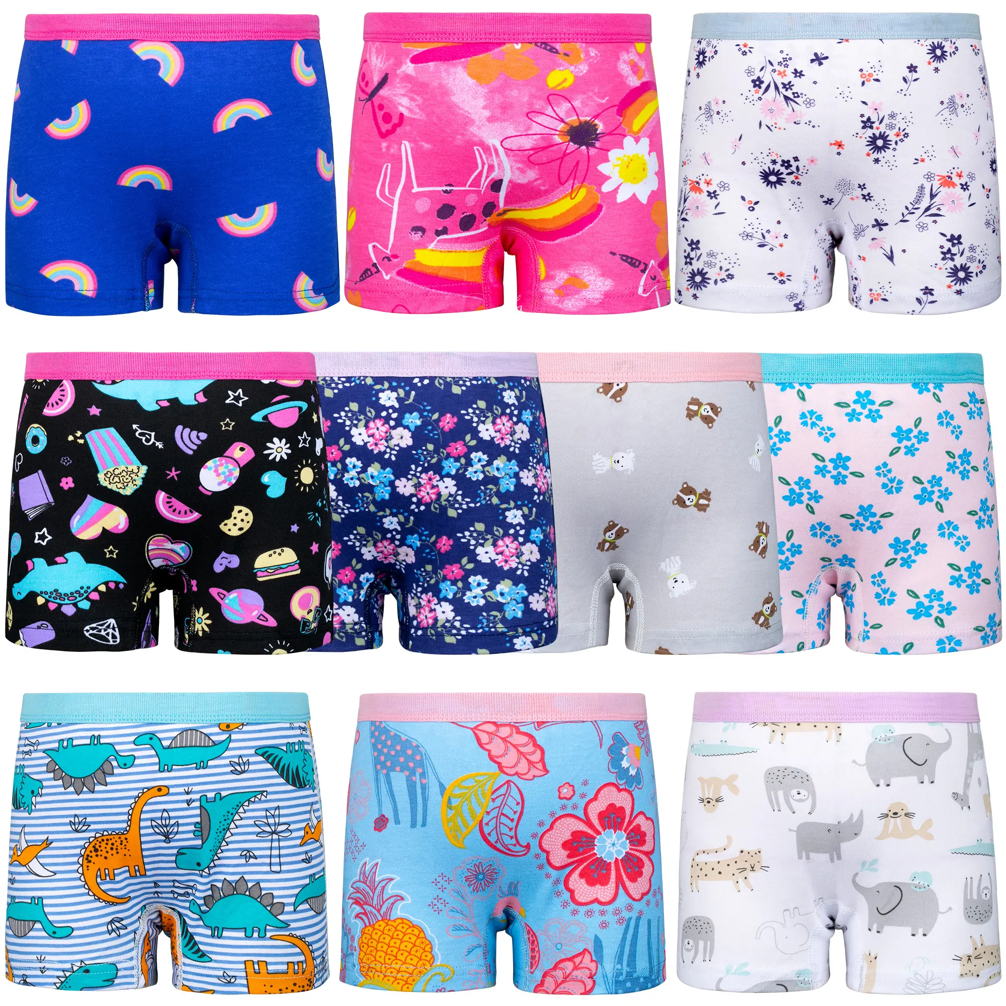 Girly Animal Toddler Girls' 10-Pack Cotton Stay-Put Boy Shorts - Soft, Breathable Essential Underwear for Kids (3T-10Y)