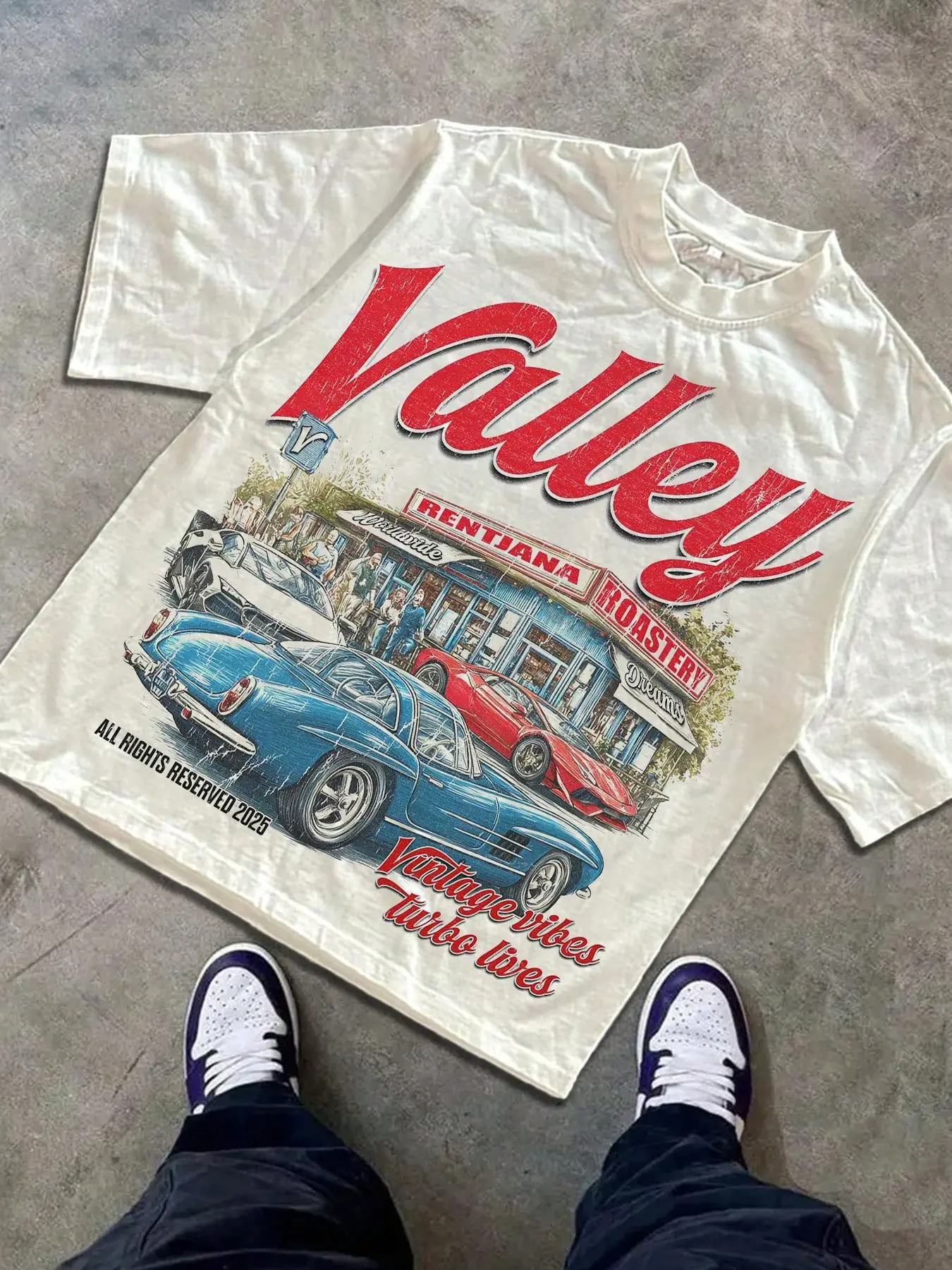 Men's Valley Vintage Car Graphic Print Loose Fit T-Shirt, Retro Street Style, Casual Daily Wear, Ideal for All Seasons, Clothes, Menswear, Streetwear