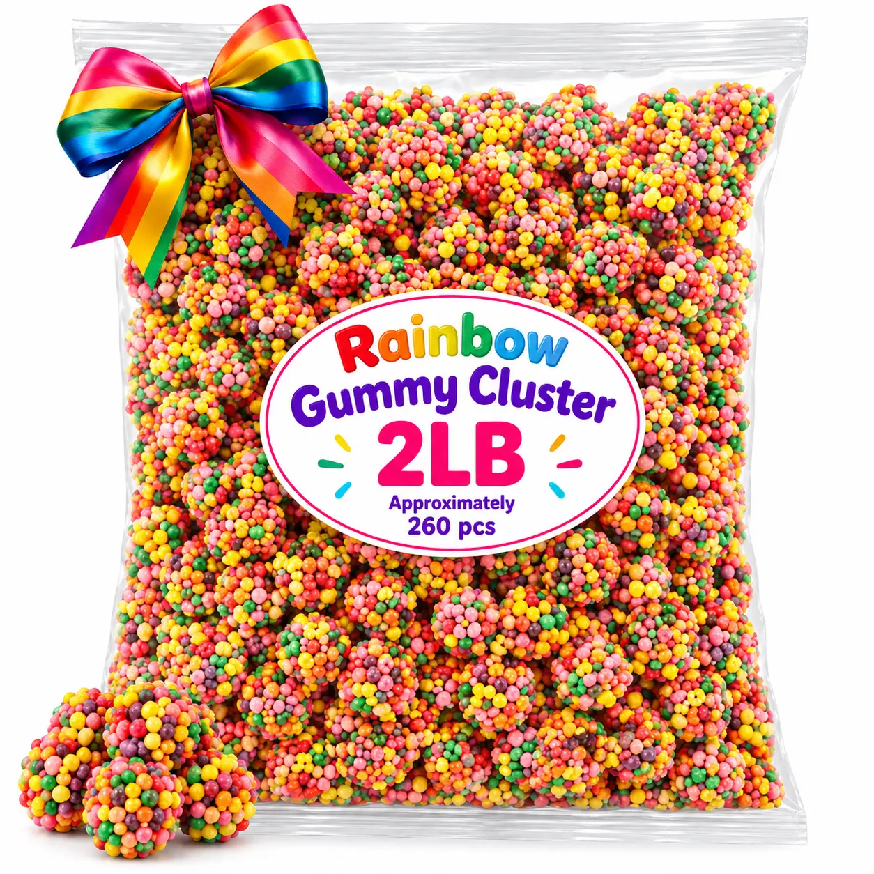 Rainbow Gummy Clusters Candy, 2 LB Bulk Bag, Chewy Fruity Gummies with Crunchy Coating for Parties, Candy Bowls & Gift Bags