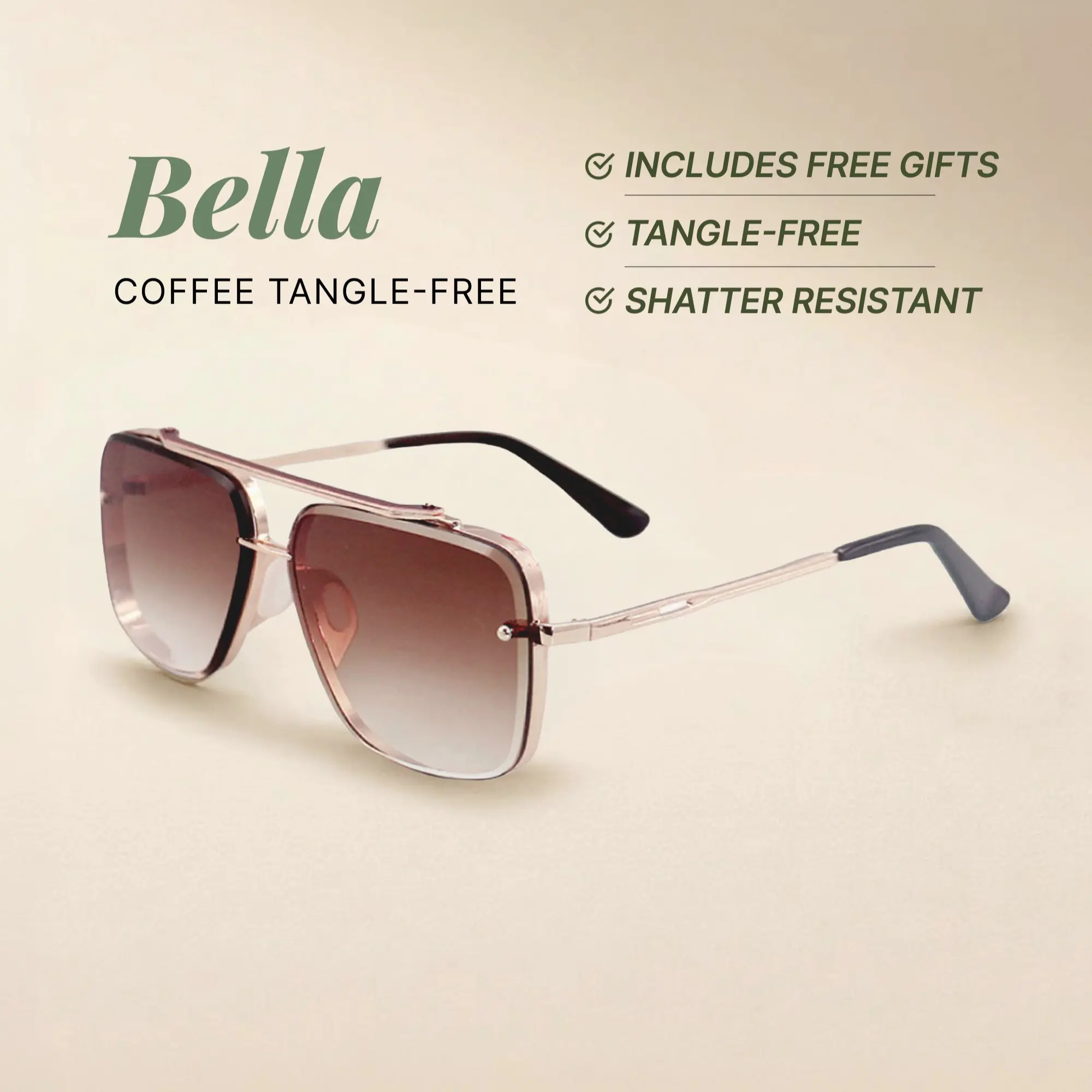 Bella - Coffee - Tangle Free Aviator Sunglasses - Certified Shatter-Resistant Lenses - UV400 - For Women & Men