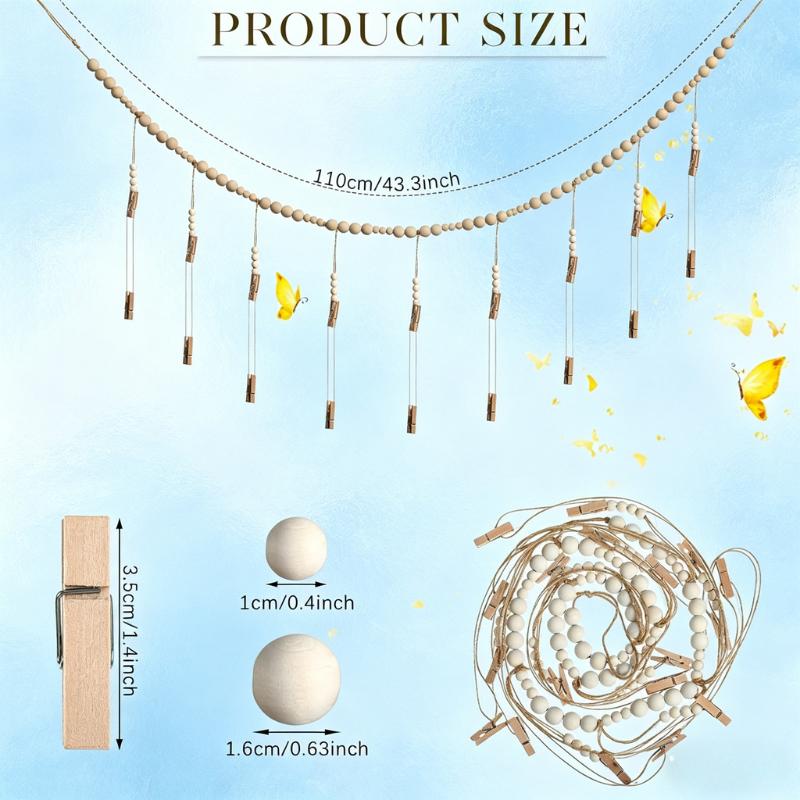 Boho Photo Display String, 4ft Wooden Bead Garland with 9 Clips, Hanging Picture Collage Decor for Cubicle, Dorm, Nursery, Rustic Bedroom & Office