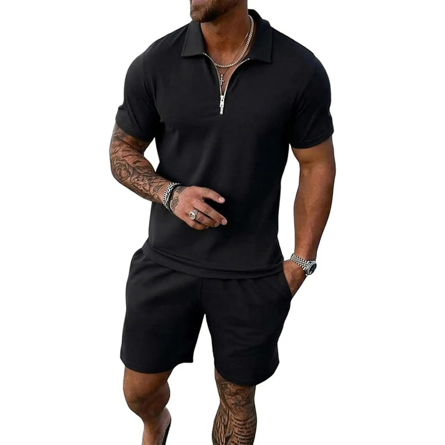 Uni Clau Mens Summer Track Suits 2 Piece Shorts Sets Short Sleeve Sweatsuit Outfits Zip Golf Casual Polo Shirts and Shorts