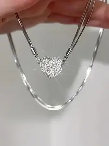 Fashion Trendy Rhinestone Magnetic Heart Pendant Multi-Layer Necklace, Elegant Simple Style for Women, Daily Commute Party Versatile Jewelry