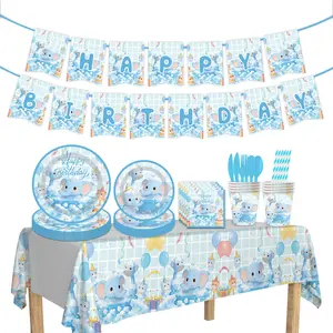 Cute elephant bath theme birthday party party arrangement set disposable paper plate paper cup paper towel tableware