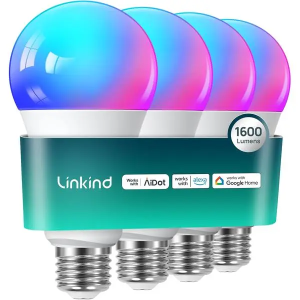 Linkind A21 Smart Light Bulbs, Compatible with Alexa/Google Home, 4 Pack | 1600LM Smart Bulb, 100W Equivalent 14W, E26 RGBTW Color Changing Bulb with Music Sync, 2.4GHz Wi-Fi & Bluetooth