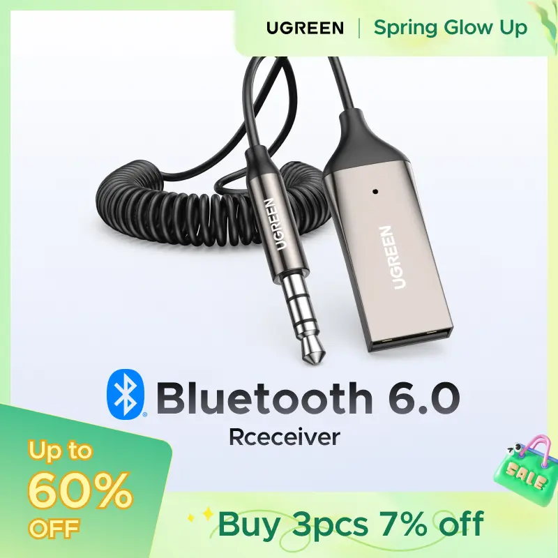 UGREEN Aux to Bluetooth 6.0 Adapter Wireless Receiver for Car Hands-Free with Built-in Microphone AUX 3.5mm Stereo Audio - Dealsforyourdays Auxiliary Cord Grey, TikTokShopSpringGlowUp,Greenish