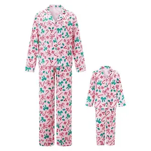 Mommy and Me Matching Christmas Pajamas Set Valentine's Day Bow Candy Cane Print Button Down Long Sleeve Tops and Pants Set Xmas Sleepwear Jemmies for Women Girl