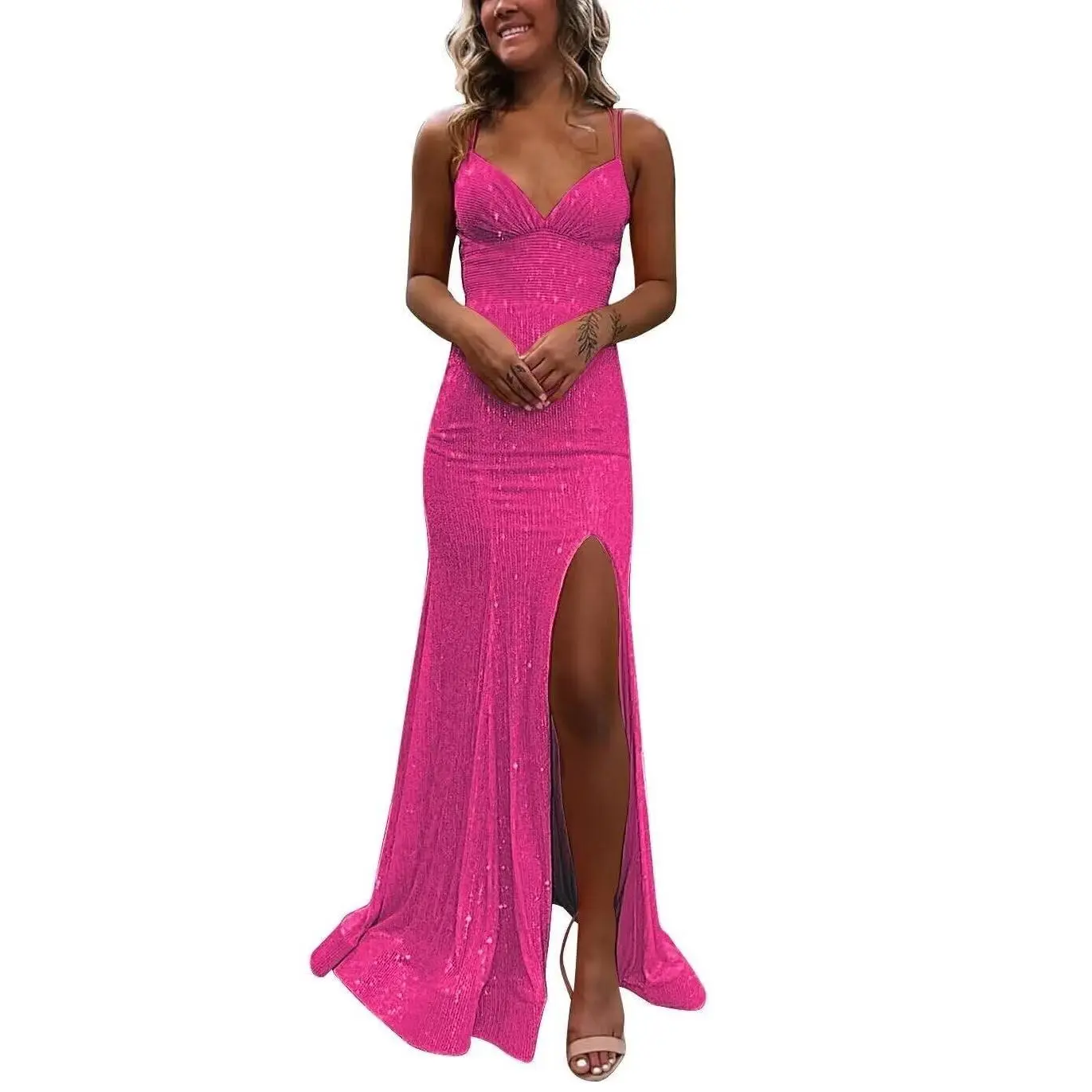 PUXIU Womens Sparkly Prom Dresses Hot Pink with Slit Sexy Spaghetti Strap  Mermaid Prom Dresses for Women 2025 Backless 4