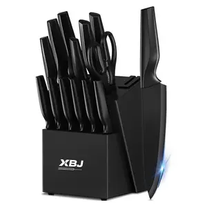 XBJ Knife Set with Knife Block, 15-Piece Rainbow Titanium Knife Block Set, Cooking Steak Knife Set with Black Handles.