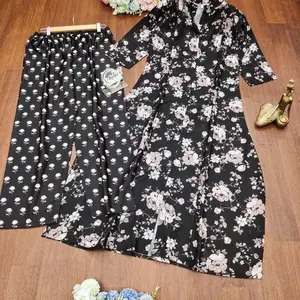 Bohemian Printed Muslin Kurta & Pant Set of 2pcs suit for Women Vibrant Cotton Fabric Perfect for Casual Fall Business Wear Sizes S-3XL A-Line Style Blue Kurta & Floral Pants Suits