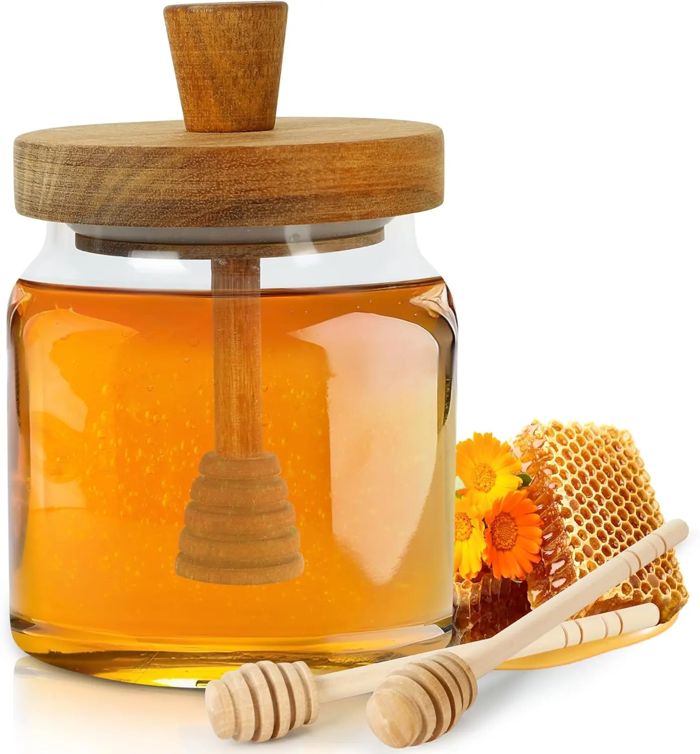 Halloween Gift Honey Pot with Dipper and Lid - Glass Honey Jar with Wooden Honey Dippers Stick Set, Wide Mouth Honey Containers - Airtight Syrup Dispenser for Home Kitchen