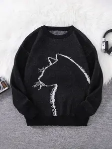 Men's Cat Pattern Round Neck Sweater, Casual Long Sleeve Crew Neck Jumper for Fall & Winter, Fashion Men's Knitwear for Daily Wear