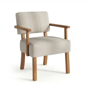 Garvee Mid Century Modern Accent Chair, Beige Linen Fabric Armchair with Vertical Tufted Back, Breathable Upholstered Reading Lounge Chair with Wood Frame for Living Room & Bedroom