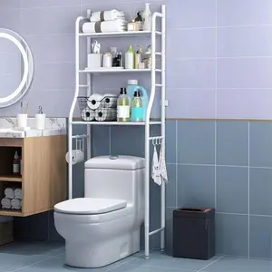3-Tier Over The Toilet Storage Shelf, White Iron Bathroom Organizer with 2 Removable Hooks & Stability Protection, Freestanding Cabinet for Restroom