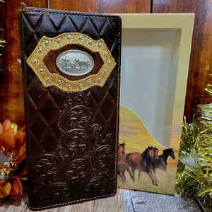 Praying Cowboy Western Genuine Leather Wallet   Bi-Fold 7 Inches Long with 13 Credit Card Slots, 4 Cash Compartments & Back Pocket brown and beige in gift box