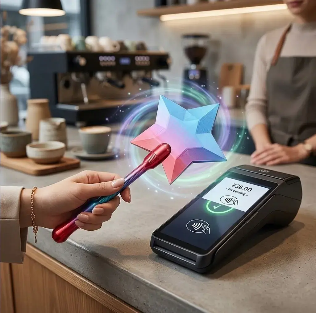 Contactless Credit Card Wand Holder - Compact Small Minimalist Design, Tap-to-Pay Functionality, Retractable Heart Edition (Blue/Red), Home Desk Decor Supply
