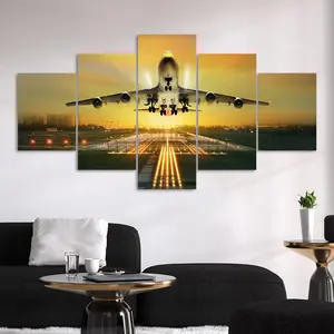 Airplane Taking Off The Runway Pattern Canvas Unframed Print Painting, 5 Counts/set Modern Wall Art, Wall Decor for Home Living Room Bedroom Office, Ornaments