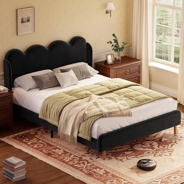 Gaomon Minimalist Black Velvet Fabric Single Bed Frame - Modern Platform Bed with High Tufted Backrest, Scalloped Edges, Sturdy Metal-Wood Structure, Tool-Free Assembly, Supports Up to 800 lbs, for Minimalist Bedrooms, Up To 800 Pounds