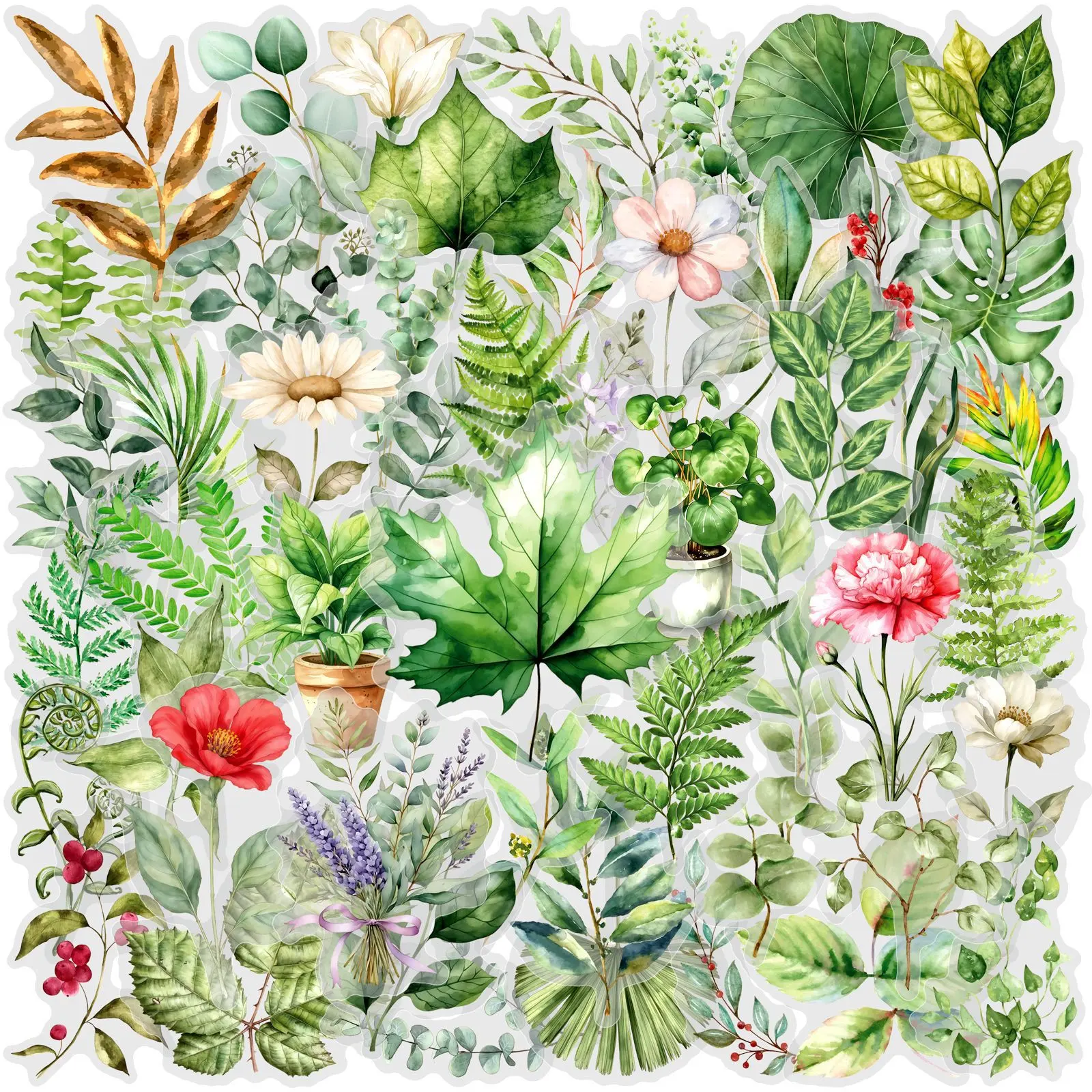 50pcs Spring Green Plant Transparent PET Stickers, Includes Sticker, Office Supplies and Notebook Accessories, Suitable for Scrapbooks, Diaries, Laptops, Water Bottles, Cars, Etc., Based on A Design Inspired By Faith, Car Decals, Decal Set