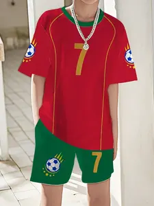 Boys' Soccer 3D T-Shirt and Shorts Set, Portuguese Style, Casual Loose-Fit, All Seasons, Cartoon Pattern, No Collar, No Zipper, No Button