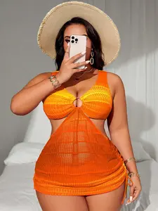 Swim SXY Plus Size Swim Dress Set Drawstring Waist Tummy Control Split Hem Wide Strap Beach Vacation Outfit