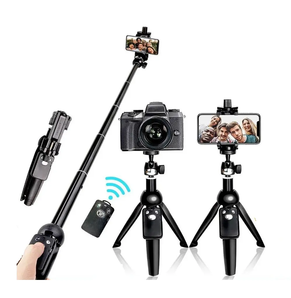 Wireless Bluetooth Selfie Stick Tripod with Detachable Wireless Remote, 360-Degree Rotation, 7-Section Extendable Pole, Universal Phone Holder, and Camera Mount Adapter for Smartphones and Action Cameras