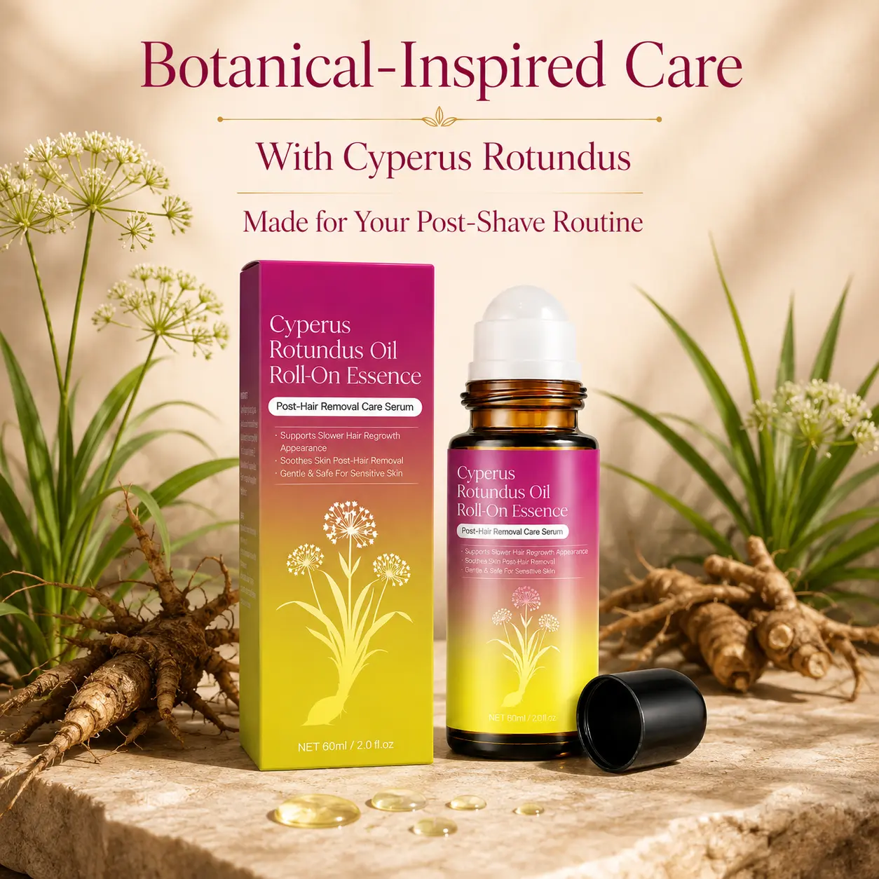 Botanical Post-Hair Removal Care  Aloe & Jojoba Oil Serum. Prevent Ingrowns & Hydrate Sensitive Skin. Easy Roll-On Application.