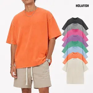 Holafish Unisex Acid Washed Shirt Cotton Men's T-Shirts Loose Fit Half Short Sleeves Casual Loose Solid Streetwear Tops Men's Street T-Shirts Soft