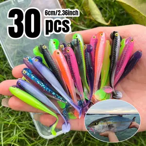30pcs Two-Color T-Tail Soft Bait Set Fishing Equipment 6cm/2.36inch Durable Soft Bait Swimmer Soft Fishing Lure for Saltwater and Freshwater Fishing