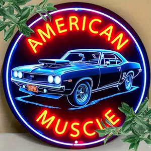 Vintage American Muscle Car Neon Sign Wall Art 8x8 Inch Round Decor for Cafe Beach House Backyard Room Retro Style Vibrant Red Blue Colors Smooth Edges Unique Gift