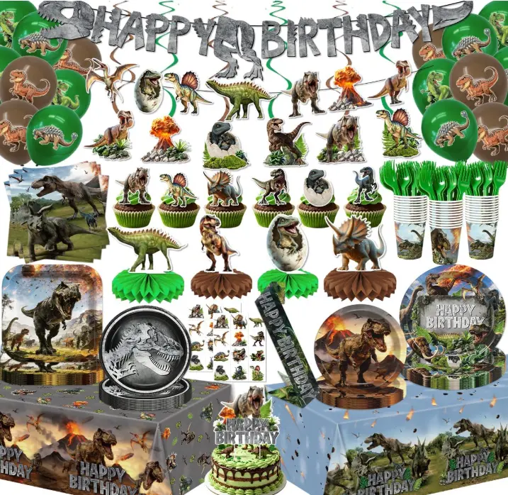 Dinosaur Birthday Party Decorations Dino World Birthday Decorations Tableware Set Include Plates,Napkins,Tablecloths,Balloon, Banner,Hanging Swirl,Honeycomb Centerpieces for Party Decor Serve 26